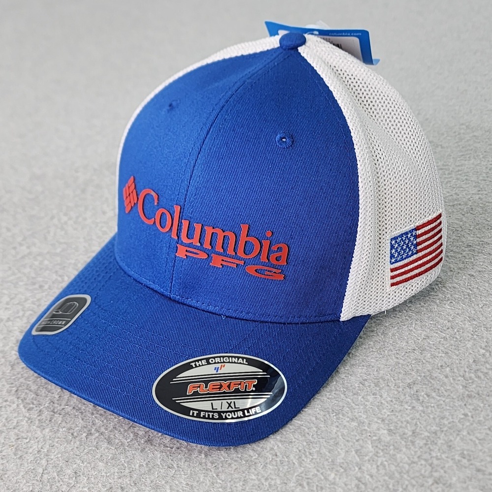 Columbia PFG USA Flag Mesh Hat Unisex Adult L/XL Blue White High Crown Ball Cap